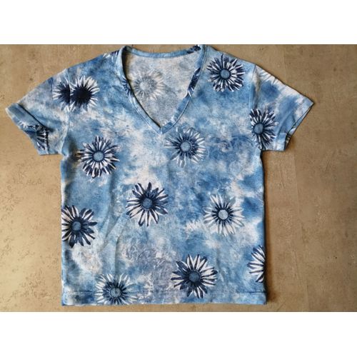 T-Shirt Imprimé Bleu Col V