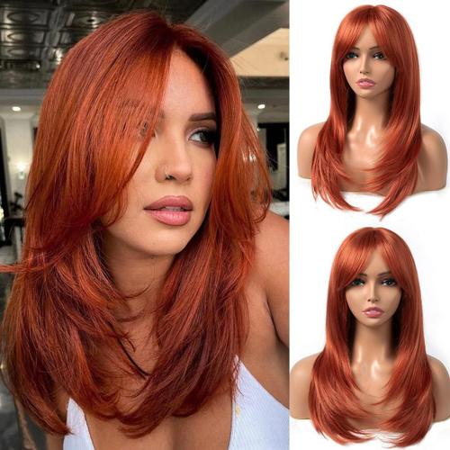 Orange Red Orange Red 22 Pouces Copper Red Layered Wig With Bangs Synthetic Middle Parting Wig For Woman Natural Slight Curly Layered Wig For