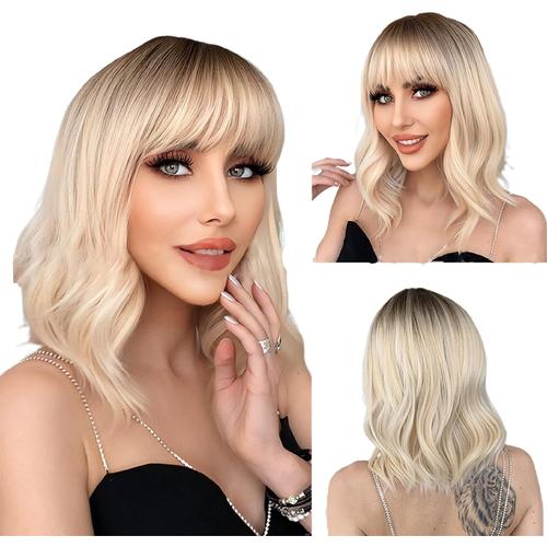 Perruques Blonde Court Pour Femmes Cheveux Naturels Synthétiques Perruque Blonde Ombre Avec Racines Foncées Perruque 
