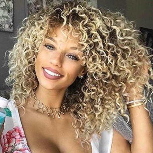 A A Perruque Synthétique Afro Kinky Curly, Kinky Curly Afro Bob With Bangs Perruque, Blonde Blonde Cheveux Synthétiques Partie