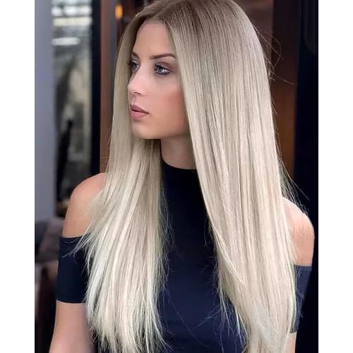 Perruque Naturelle Blonde Lisse Perruque En Dentelle Longue Blonde Aux Racines Brun Foncé Pour Femme Quotidienne Cosplay Déguisement