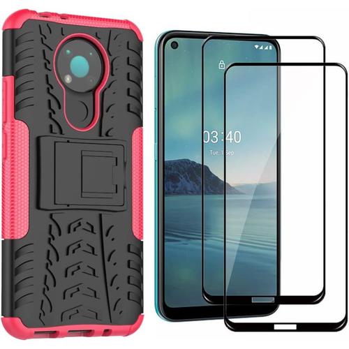 Coque Pour Nokia 3.4+2 Pièces Verre Trempé Écran Protecteur Hybride Double Couche Housse Tpu Et Hard Pc Coque Avec Kickstand. Rose