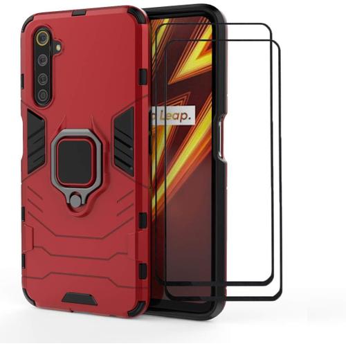 Coque Compatible Avec Oppo Realme 6 Pro Travailler Avec Le Support De Voiture Magnétique Avec Support D'anneau Coque+2 Pièces Verre Trempé Écran Protecteur. Rouge