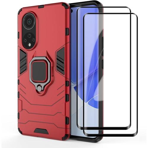 Coque+Verre Trempé 2 Pièces Écran Protecteur Pour Huawei Nova 9 Pro Honor 50 Pro Travailler Avec Le Support De Voiture Magnétique Avec Support D'anneau Coque. Rouge