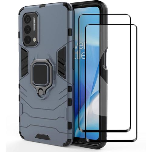 Coque+Verre Trempé 2 Pièces Écran Protecteur Pour Oneplus Nord N200 5g Travailler Avec Le Support De Voiture Magnétique Avec Support D'anneau Coque. Bleu Marin