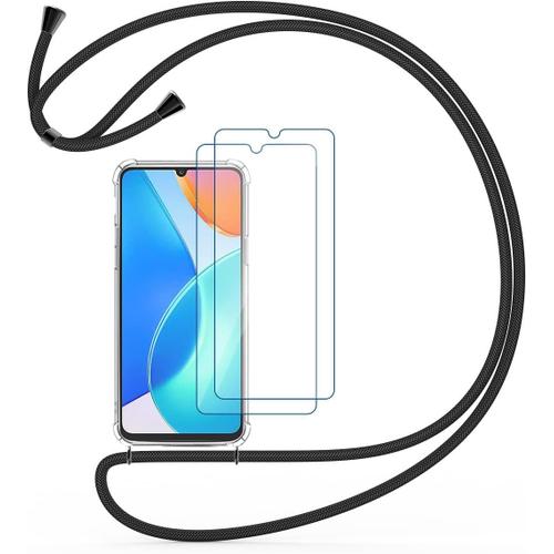 Collier Coque Compatible Avec Samsung Galaxy A42 5g, Étui Cordon Transparente Tpu Bumper Air Cushion Lanyard Anti Jaune Tpu Case Chaîne Lanière Housse Crystal Clear Shockproof Cover, Noir