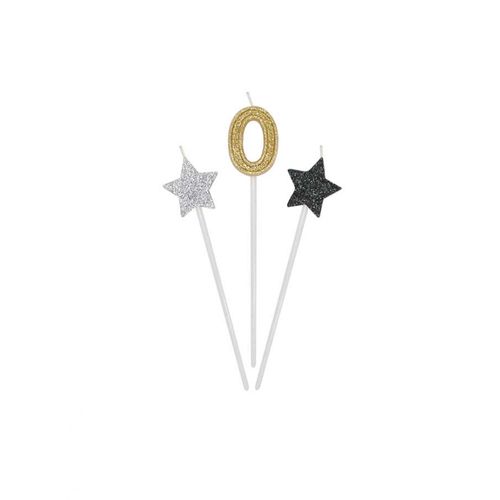 3 Bougies D'anniversaire Chiffre Dor?Es, Argent?Es Et Noires 16 Cm