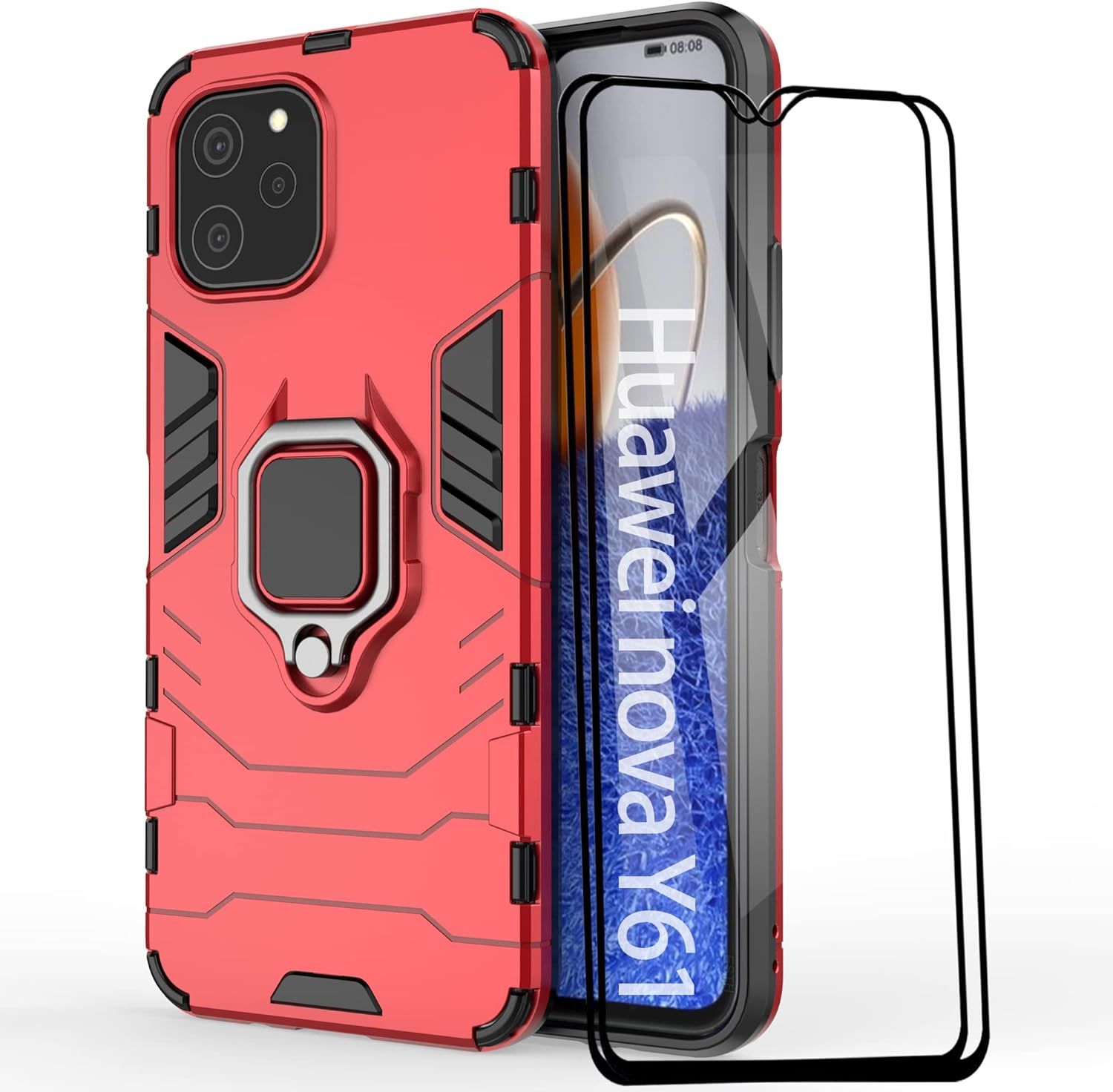 Coque Pour Huawei Nova Y61 Avec 2 Pièces Protection Écran, 360° Support Rotatif Fonctionne Avec Support De Voiture Magnétique Étui Housse, Rouge