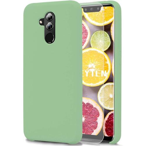 Coque Huawei Mate 20 Lite Avec Verre Trempé , Silicone Liquide Housse Case Protection Complète Cover Étui Avec Tissu Microfibre Coussin Coveri Vert Clair