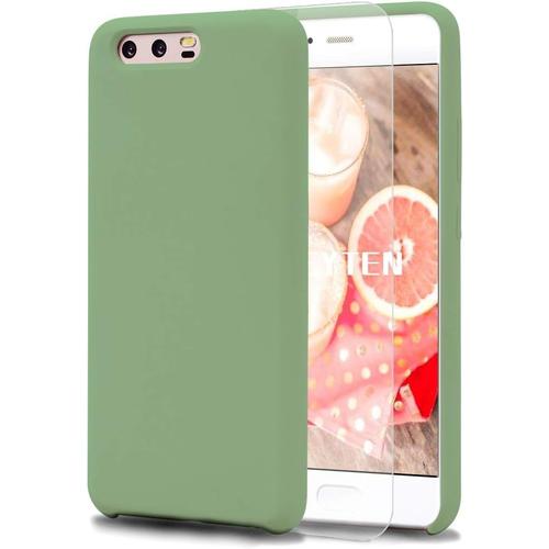 Coque Huawei P10 Avec Verre Trempé , Silicone Liquide Housse Case Anti-Choc Anti-Rayures Protection Complète Cover Étui Avec Tissu Microfibre Coussin Coveri Vert Clair