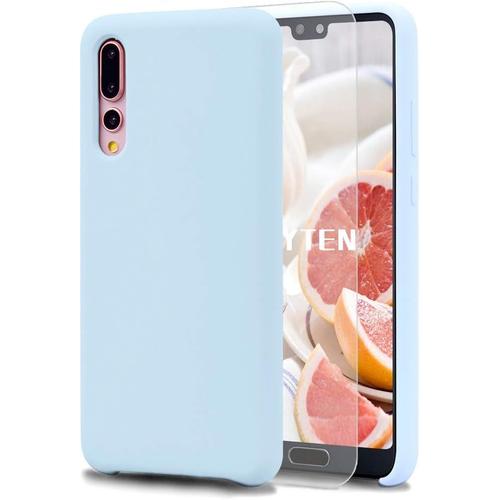 Coque Huawei P20 Pro Avec Verre Trempé , Silicone Liquide Housse Case Anti-Choc Anti-Rayures Protection Complète Cover Étui Avec Tissu Microfibre Coussin Coveri Bleu Clair