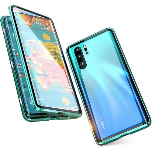 Coque Pour Huawei P30 Pro Housse Adsorption Magnétique Couverture Étui Antichoc Aimants Puissants Métal Cadre Haute Sensibilité Dual Incurvé Verre Trempé Unibody Protection Flip Cover