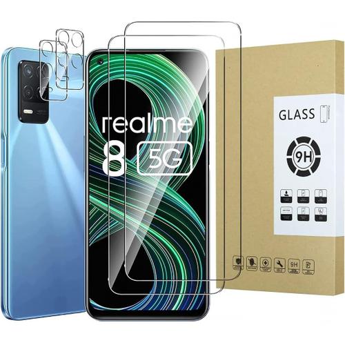 Protecteur D'écran Compatible Avec Realme 8 5g/Realme Narzo 30 2 Pièces+Caméra Arrière Protecteur 2 Pièces Verre Trempé 9h Résistant Aux Rayures Sans Bulles Transparente