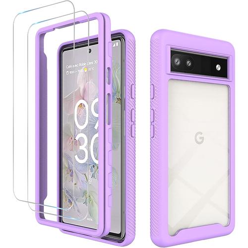 Coque Pour Google Pixel 6atransparent Pc Tpu Protection Du Cadre Étuicoque De Téléphone 2 En 1 Tpu+Pc Avec 2 Protecteurs D'écran En Verre Trempé Résistant Aux Rayures Mauve