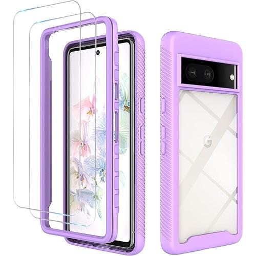 Coque Pour Google Pixel 7transparent Pc Tpu Protection Du Cadre Étuicoque De Téléphone 2 En 1 Tpu+Pc Avec 2 Protecteurs D'écran En Verre Trempé Résistant Aux Rayures Mauve