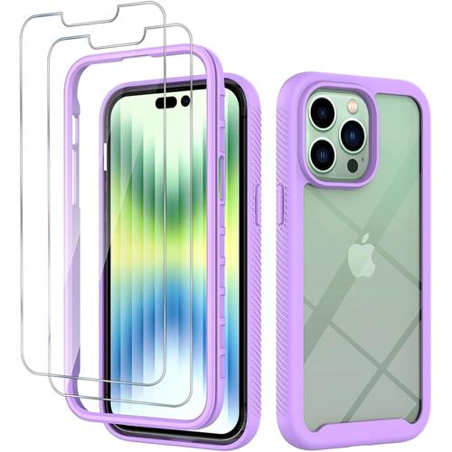 Coque Pour Iphone 14 Pro Maxtransparent Pc Tpu Protection Du Cadre Étuicoque De Téléphone 2 En 1 Tpu+Pc Avec 2 Protecteurs D'écran En Verre Trempé Résistant Aux Rayures Mauve