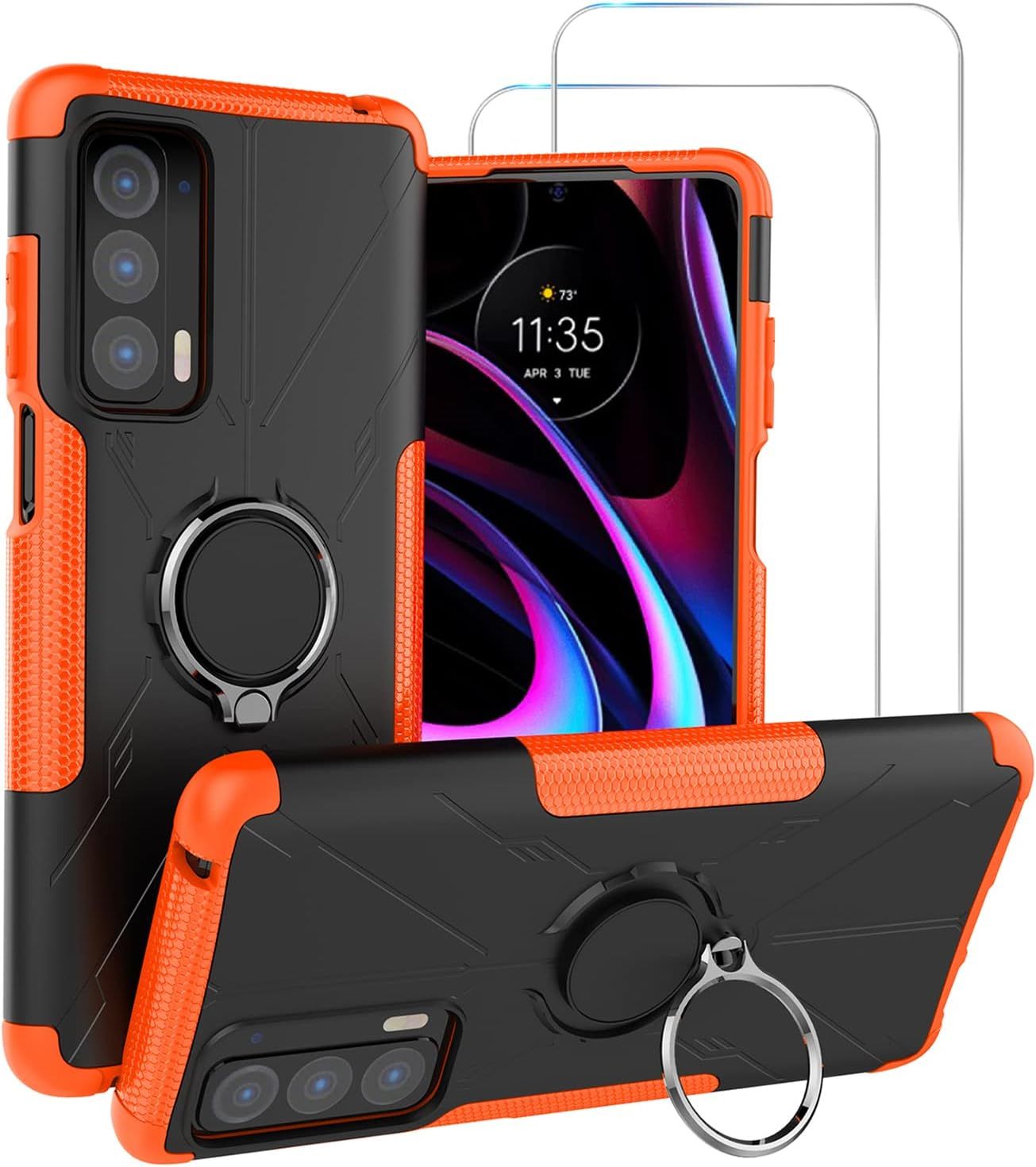 Coque Pour Motorola Edge 2021housse De Protection Double Couche Antichoccoque De Téléphone 2 En 1 Tpu+Pc Avec 2 Protecteurs D'écran En Verre Trempé Résistant Aux Rayures Orange