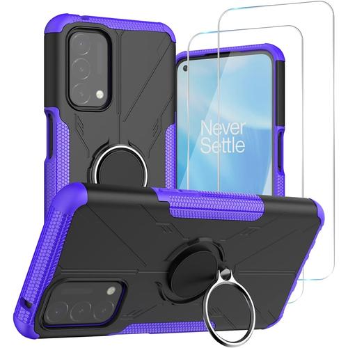 Coque Pour Oneplus Nord N200 5g Housse De Protection Double Couche Antichoc Anneau Rigide Hard Case Pc+Silicone Tpu Avec 2 Protecteurs D'écran En Verre Trempé Mauve