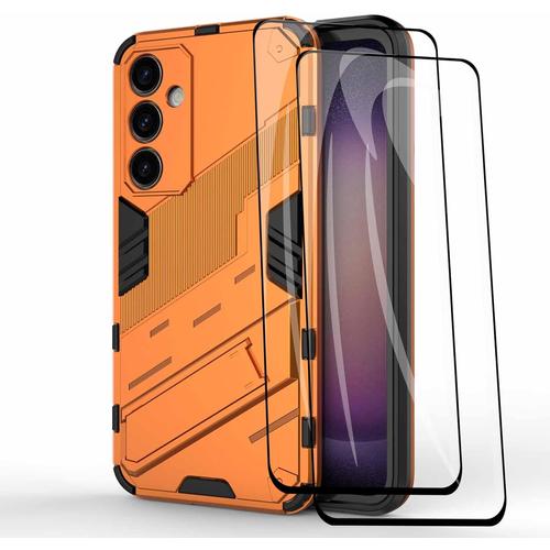 Coque Pour Samsung Galaxy S23 Fe Fan Edtion + 2 Verre Trempé, Étui 360°Antichoc Anti-Scratch Pc Arrière + Intérieur En Tpu Aux Chocs Protecteur + Parenthèse Pliable Housse. Orange