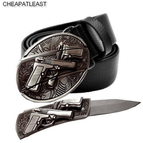 Ceinture / Ceinturon À Boucle Avec Couteau Intégré Dissimulé - Pistolet Guns Gangs Gangsta West Coast Choppers Customs Motard Moto Harley Biker Sons Anarchy Heavy Metal Simili Cuir Noir