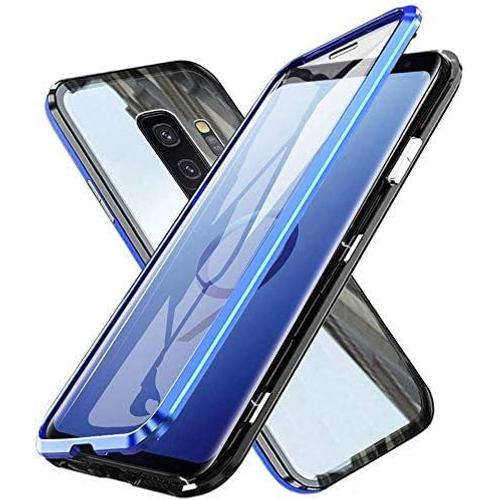 Coque Pour Samsung Galaxy S9 Adsorption Magnétique Housse Étui Antichoc Cover Double Côtés Transparent Verre Trempé Etui Housse Aluminium Métal Cadre 360 Degrés Protection Case - Bleu