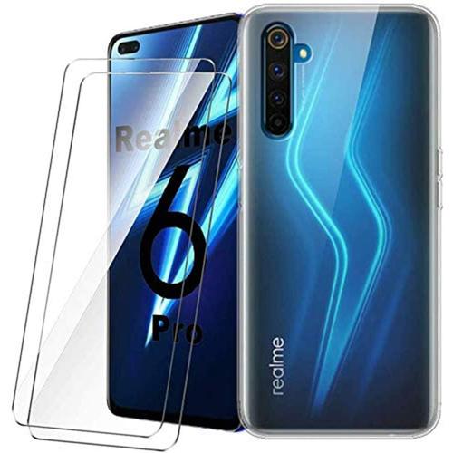 Coque Pour Oppo Realme 6 Pro + Lot De 2 Protecteur D'écran En Verre Trempé, Ultra Mince Silicone Transparent Tpu Case Protector Airbag Anti Shock Anti Scratch Case