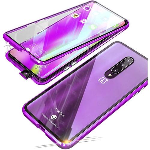 Coque Pour Oneplus 6t Oneplus 7 Etui Flip Case Technologie D'adsorption Magnétique Coque Bumper En Métal Protection À 360 Degrés Avant Et Arrière De La Coque En Verre Trempé Transparent, Violet