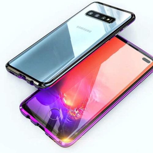 Coque Pour Samsung Galaxy S10 Housse Adsorption Magnétique Étui 360 Degrés Protection Case Dual Haptique Ultra Mince Transparent Avant Arrière Verre Trempé Métal Cadre Aluminium Flip Cover,Pourpre