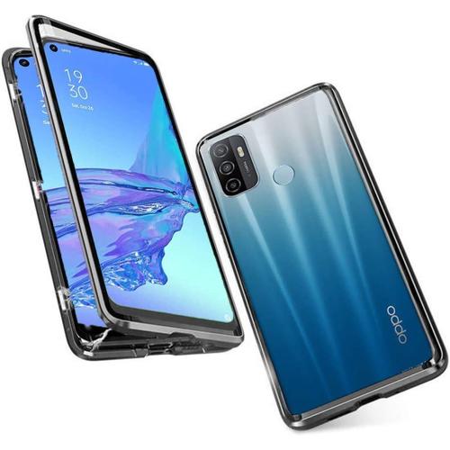 Coque Pour Oppo A53 / Oppo A53s Cover Magnétique Adsorption Ultra Mince Full Body Protection Étui Transparent Verre Trempé Plein Écran Avant Et Après Housse Bumper Métal Frame Flip Case,Noir