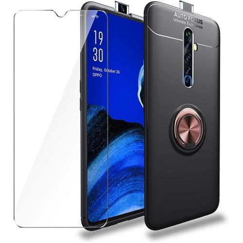 Coque Pour Oppo Reno 2z 6.5"" + 1 X Protecteur D'écran En Verre Trempé Coque Bumper En Silicone Tpu Noir En Fibre De Carbone Avec Anneau Magnétique Rotatif À 360° Doré