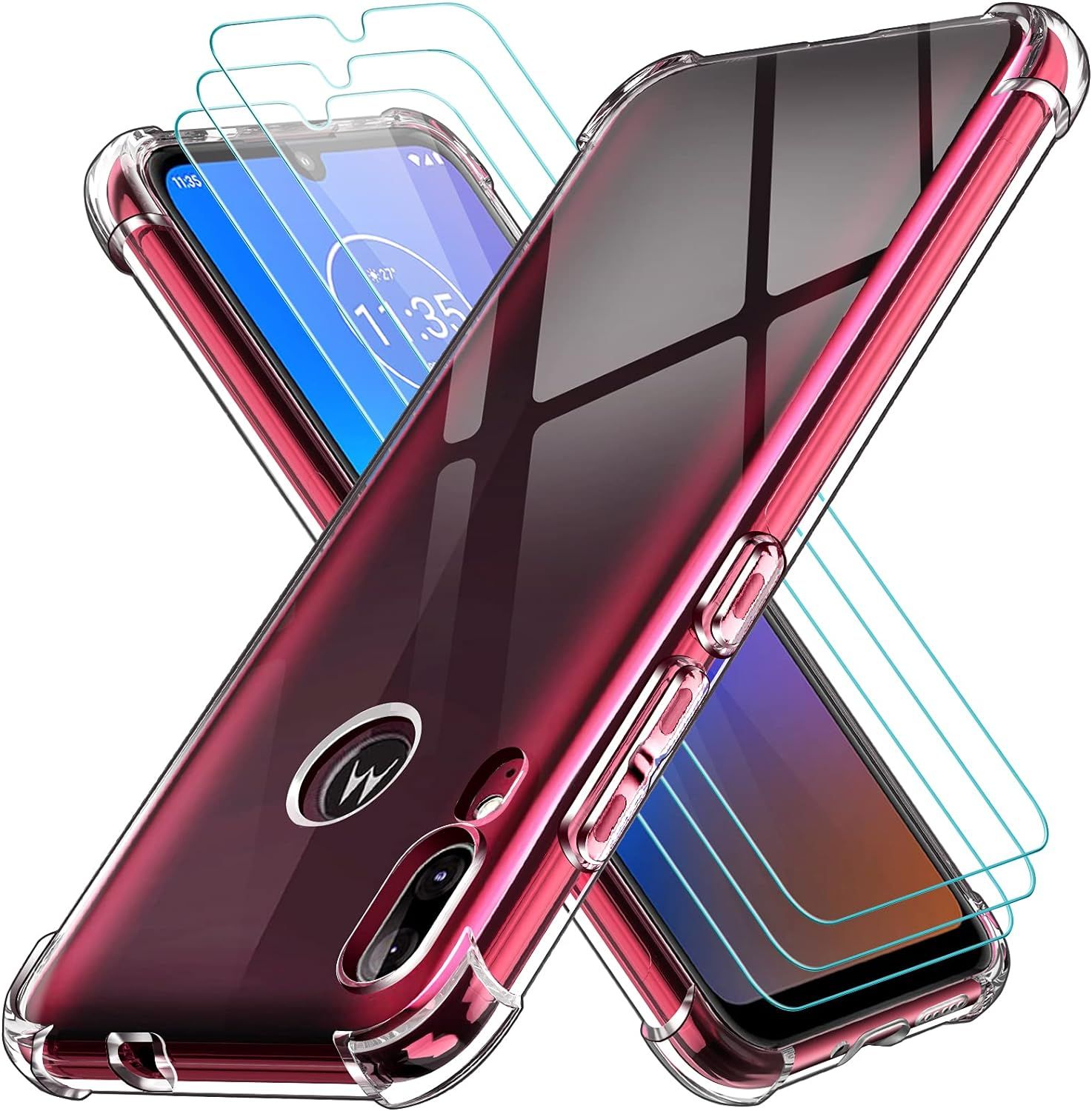 Coque Pour Motorola Moto E6 Plus Avec 3 Pièces Protection Écran En Verre Trempé, Transparent Étui De Protection En Silicone Antichoc, Mince Souple Tpu Bumper Housse