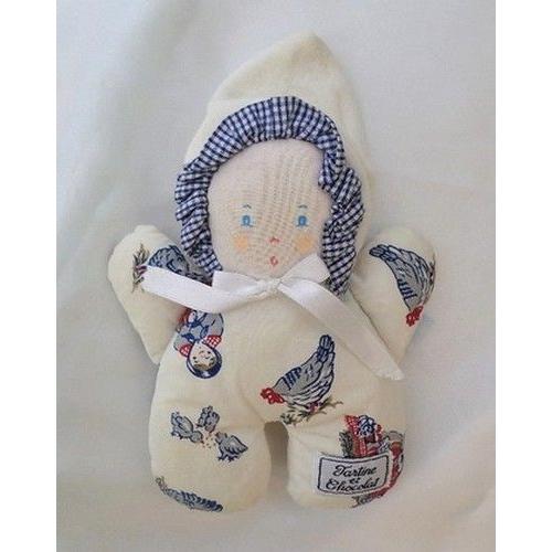 Doudou Peluche Poupée Lutin Tissu Imprimé Poule Poussins Vichy Bleu Tartine Et Chocolat