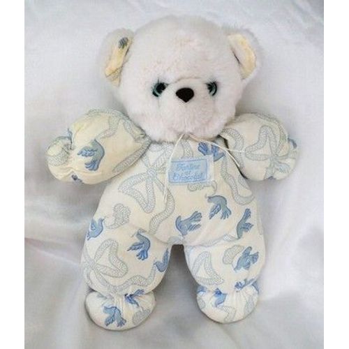 Doudou Peluche Ours Blanc Tissu Oiseaux Noeuds Bleu Tartine Et Chocolat