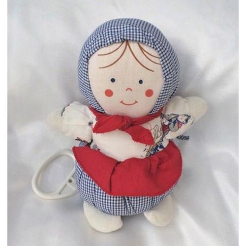 Doudou Peluche Poupée Boule Musical Vichy Bleu Foulard Et Tablier Rouge Tartine Et Chocolat