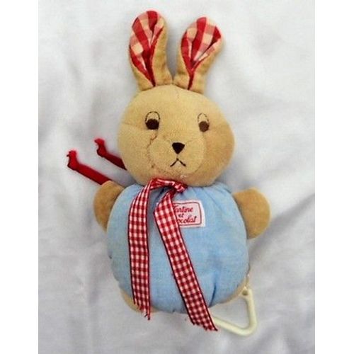 Doudou Peluche Lapin Musical Beige Bleu Noeud Vichy Rouge Tartine Et Chocolat