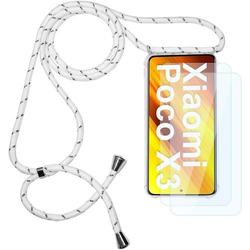 Coque Pour Xiaomi Poco X3 Nfc Coque Xiaomi Poco X3 Nfc Avec Corde En Silicone Tpu Souple Transparent, Anti Choc Anti Rayures Lanyard Case, Protecteur D'écran, Blanc