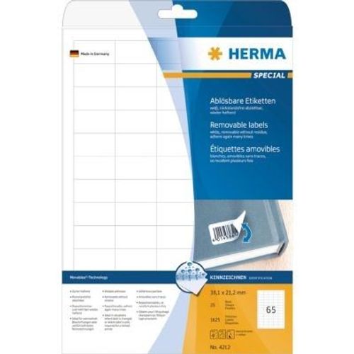 HERMA Étiquettes amovibles A4 38.1x21.2 mm, blanches, Movables/amovibles, papier mat, 1625 pcs; HERMA Étiquettes amovibles A4 38.1x21.2 mm, blanches, Movables/amovibles, papier mat, 1625 pcs, Blanc...