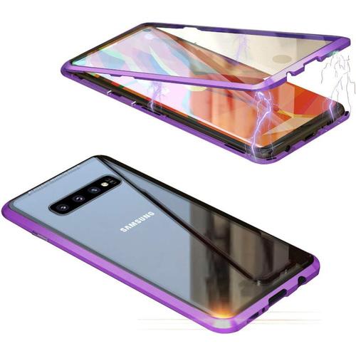 Coque Pour Samsung Galaxy S10 Plus, D'adsorption Magnétique Pare-Chocs En Métal Avec 360 Degrés Protection Case Cover Double Côtés Transparent Verre Trempé Etui Housse Pour S10+ Pourpre