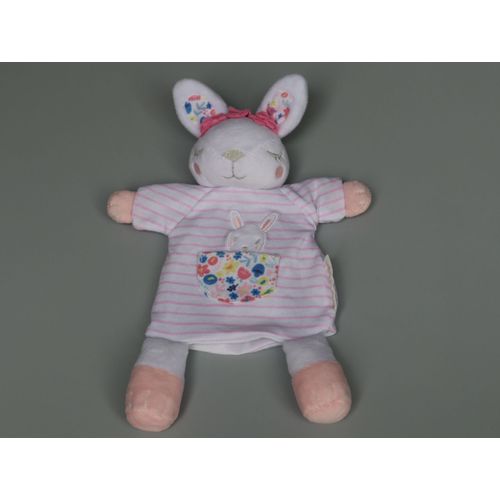 Doudou Lapin Blanc Rose Fleurs Marionnette Sergent Major