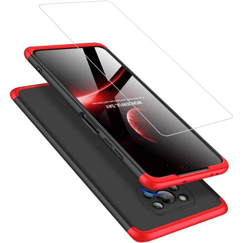 Xiaomi Poco X3 Nfc Case Cover Verre Trempé 360 Degrés Box 3 En 1 Pc Case Rouge Noir