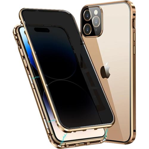 Coque Anti Espion For Iphone 14 Pro 6,1"" , Coque Magnétique Double Côtés Verre Trempé Case Cover Privacy Film Protection Ecran Métal Antichoc 360 Degrés Protection Etui Housse, Or