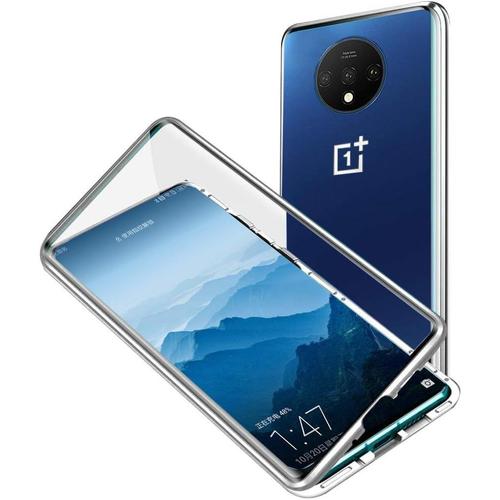 Coque Magnétique For Oneplus 7t 6,55"" , Protection Ecran Coque Transparent Double Côtés Verre Trempé Case Cover Pare-Chocs En Métal Antichoc 360 Degrés Protection Etui Housse, Argent