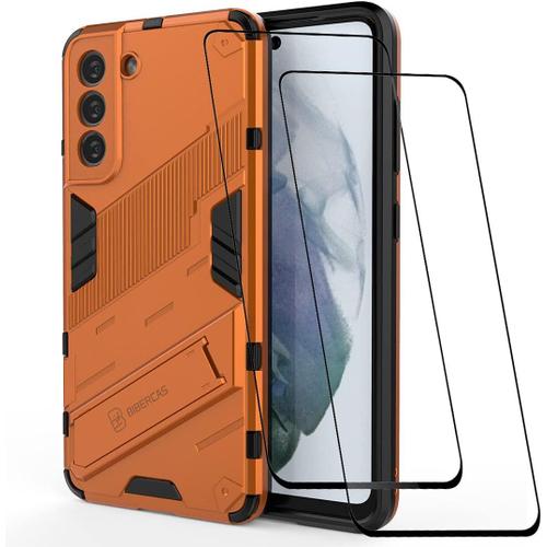 Coque Pour Samsung Galaxy S21 Fe + 2 Verre Trempé, Étui 360°Antichoc Anti-Scratch Pc Arrière + Intérieur En Tpu Aux Chocs Protecteur + Parenthèse Pliable Housse. Orange