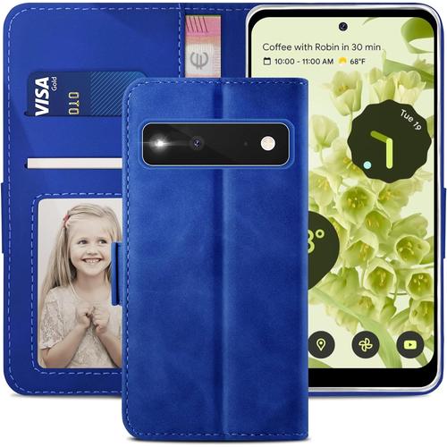 Coque De Protection Compatible Avec Google Pixel 6 + 1 Film De Protection D'écran En Verre Trempé, Étui À Rabat Google 6 Premium En Cuir Portefeuille De Protection Fente Pour Carte Support], Bleu Roi