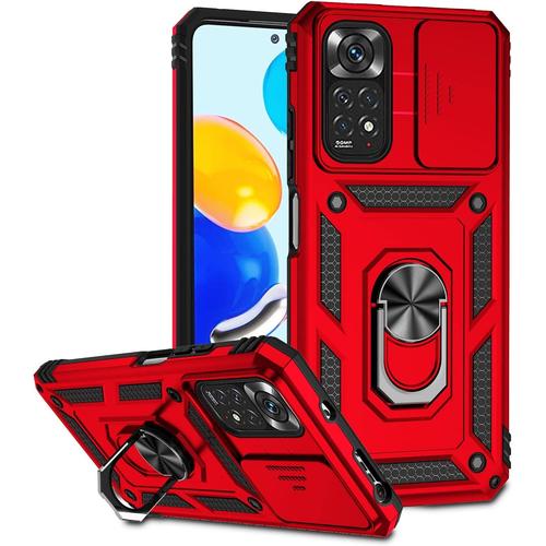 Coque De Protection Pour Appareil Photo Pour Xiaomi Redmi Note 11 4g / Redmi Note 11s Avec Anneau En Métal À 360 Degrés, Coque De Protection Rigide Résistante Aux Chocs, Coque Coulissante Pour Appareil Photo - Rouge