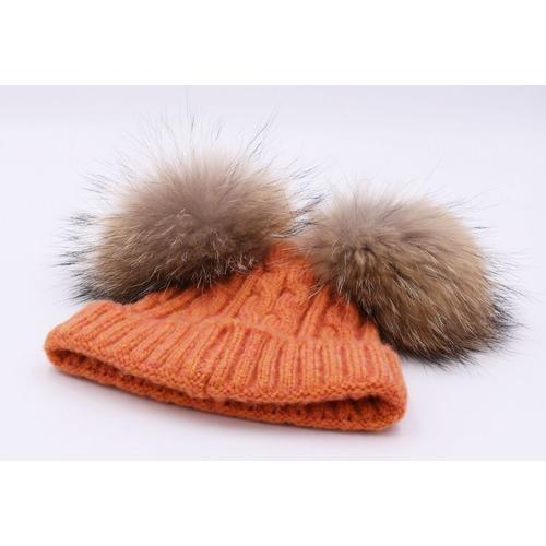 Mignon Bebe Bonnet A 2 Pompon Fourrure Enfant Fille Chapeau Beret A Laine Tricot Torsade Hiver 6mois 5ans Orange Rakuten