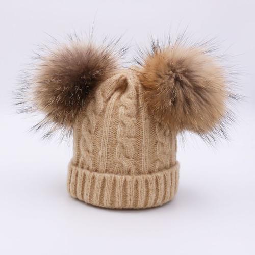 Mignon Bebe Bonnet A 2 Pompon Fourrure Enfant Fille Chapeau Beret A Laine Tricot Torsade Hiver 6mois 5ans Kaki Rakuten