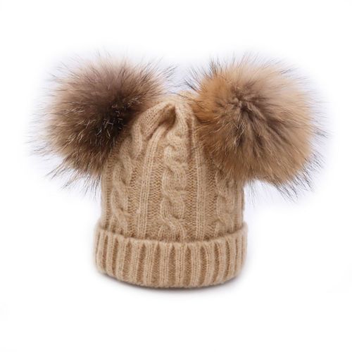 Mignon Bebe Bonnet A 2 Pompon Fourrure Enfant Fille Chapeau Beret A Laine Tricot Torsade Hiver 6mois 5ans Kaki Rakuten