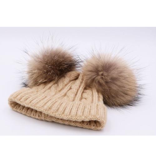 Mignon Bebe Bonnet A 2 Pompon Fourrure Enfant Fille Chapeau Beret A Laine Tricot Torsade Hiver 6mois 5ans Kaki Rakuten