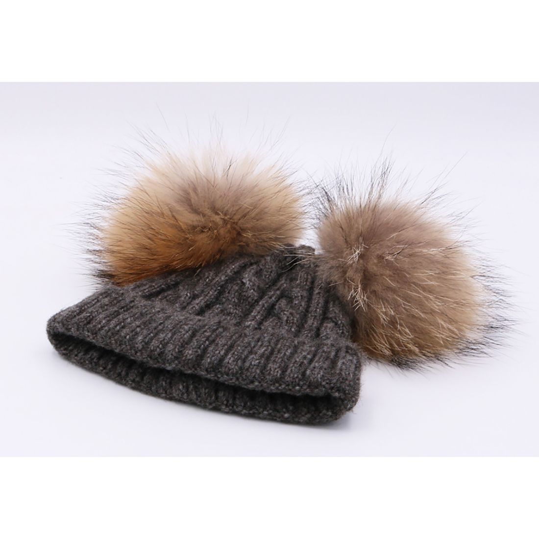 Mignon Bebe Bonnet A 2 Pompon Fourrure Enfant Fille Chapeau Beret A Laine Tricot Torsade Hiver 6mois 5ans Gris Fonce Rakuten